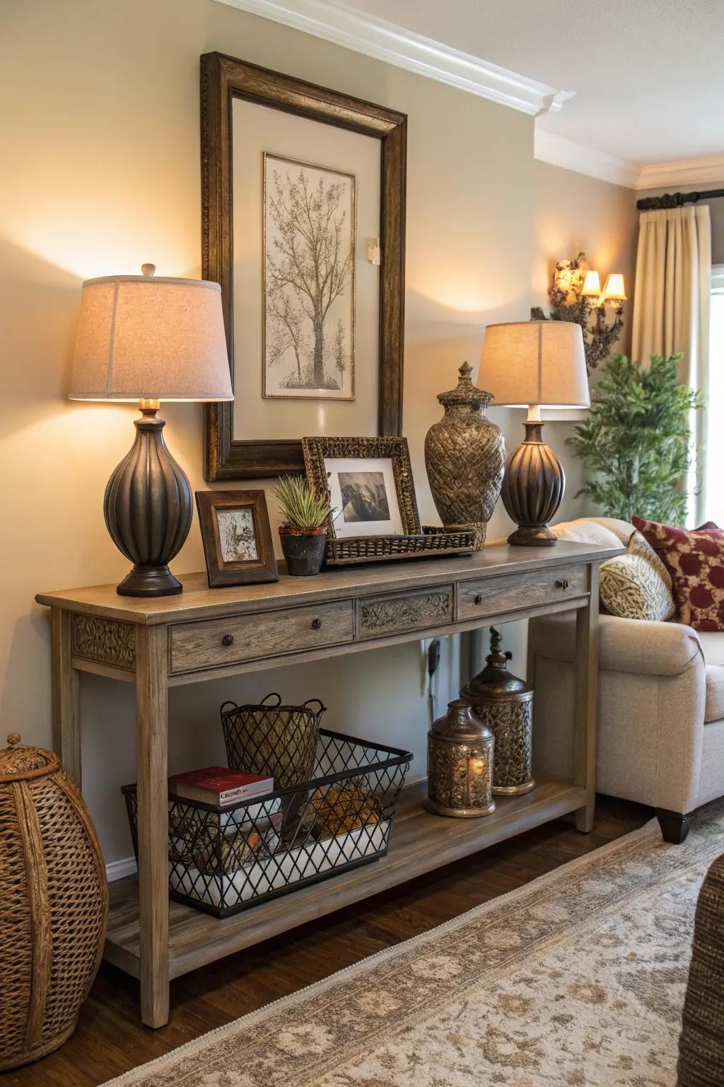 A slim table provides a stylish surface for decor and useful storage.