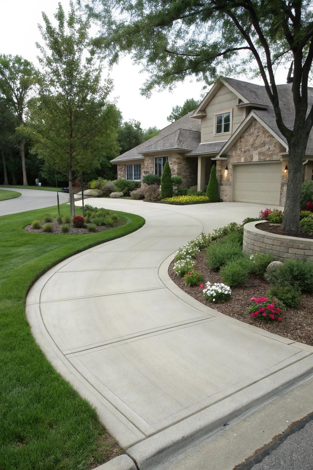 A driveway smoothly merging with the walkway.