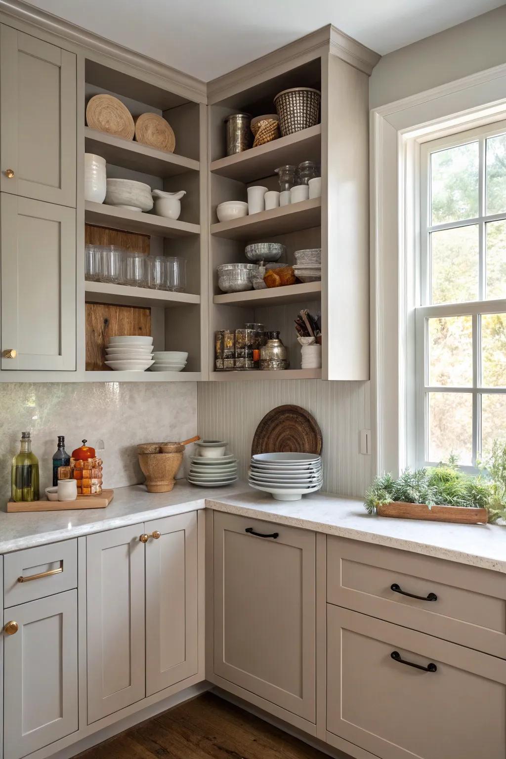 A combo of open and closed storage delivers flexibility in the kitchen.