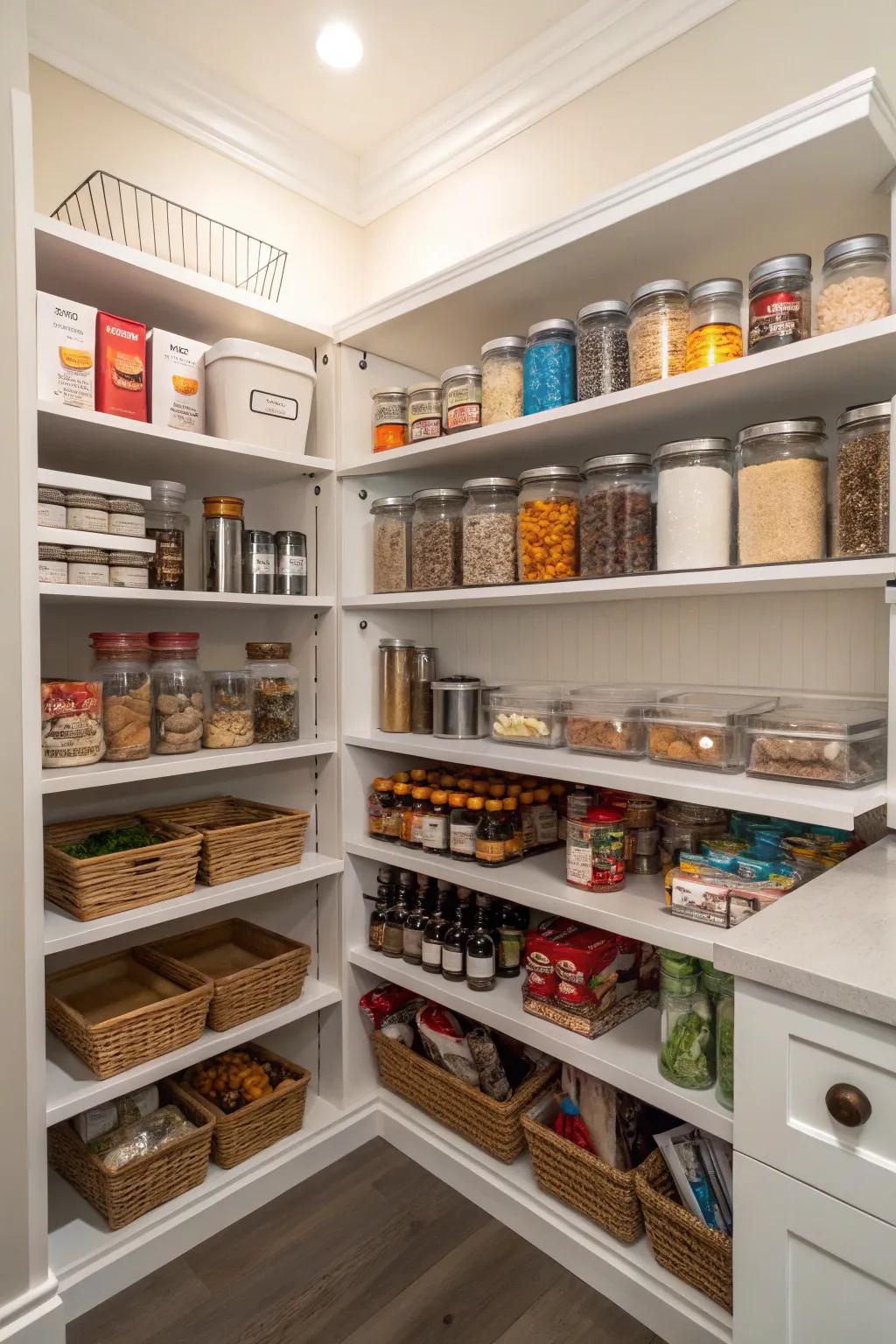 A corner pantry featuring organized, categorized sections.
