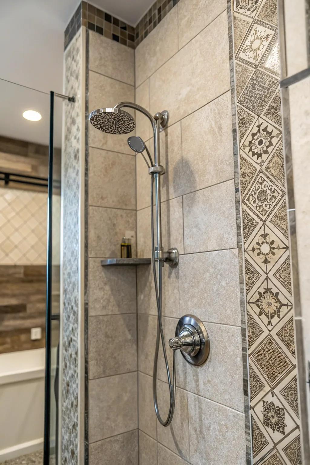 Textured tiles introduce depth and tactile fascination to your shower.