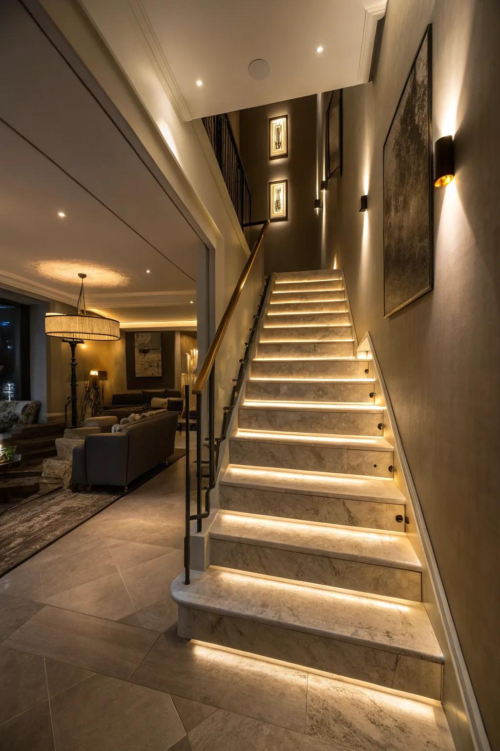 Accent lighting improves the beauty and safety of steps.