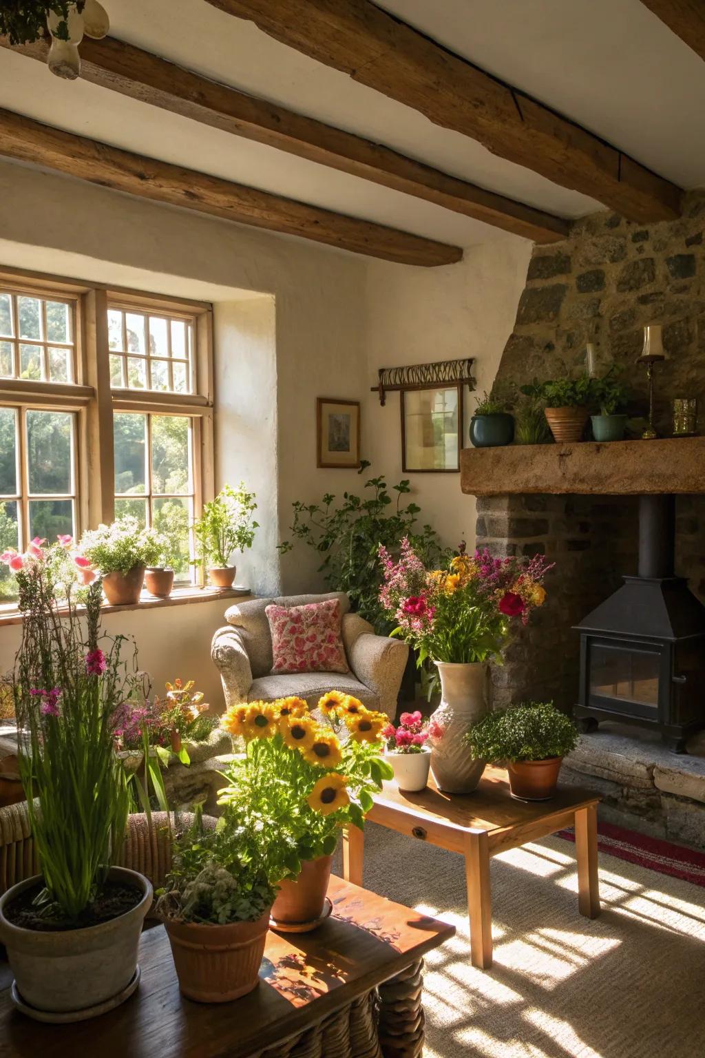 Plant life brings vitality and freshness to the living room.