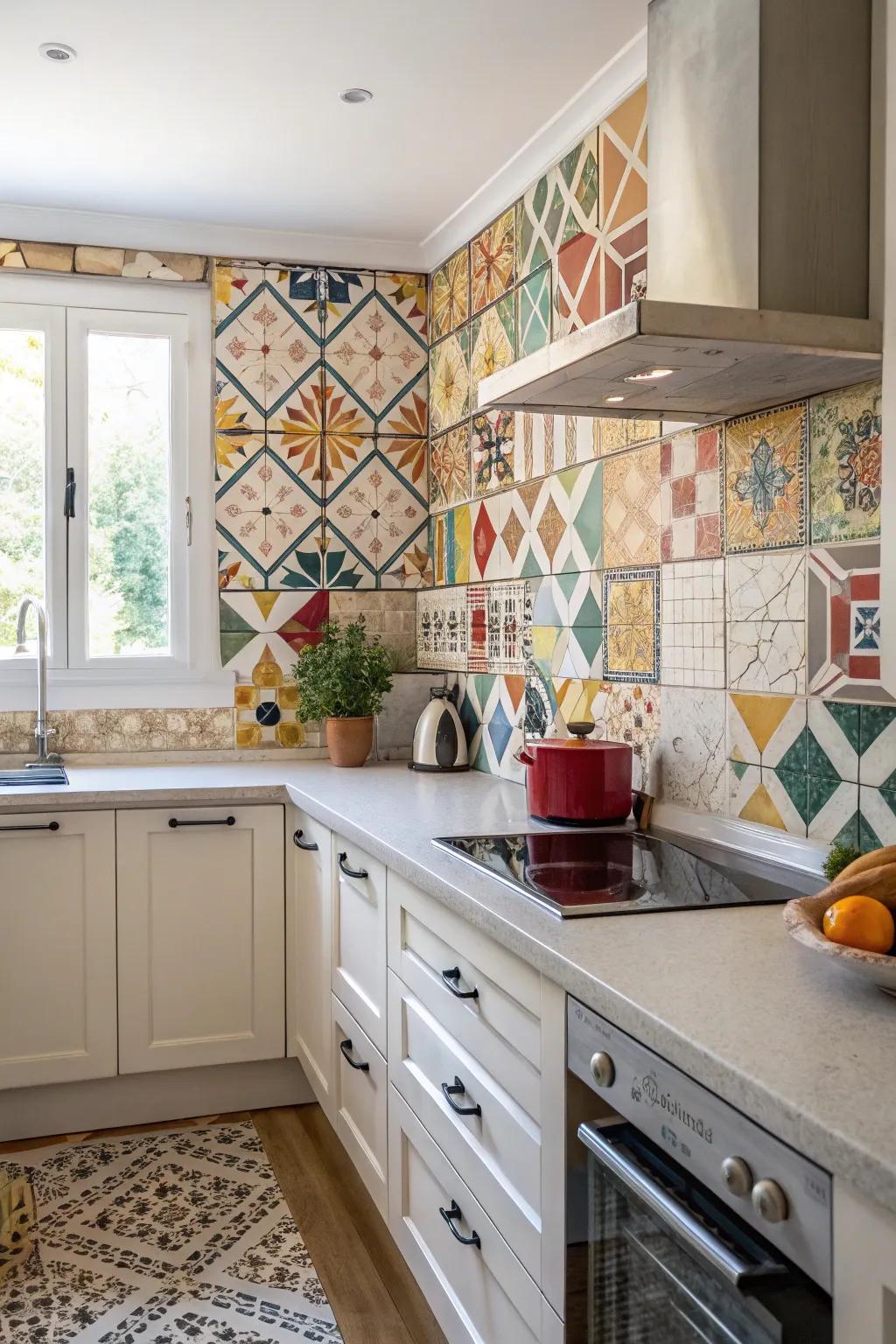 Geometric patterns transform kitchen backsplashes into artistic focal points.