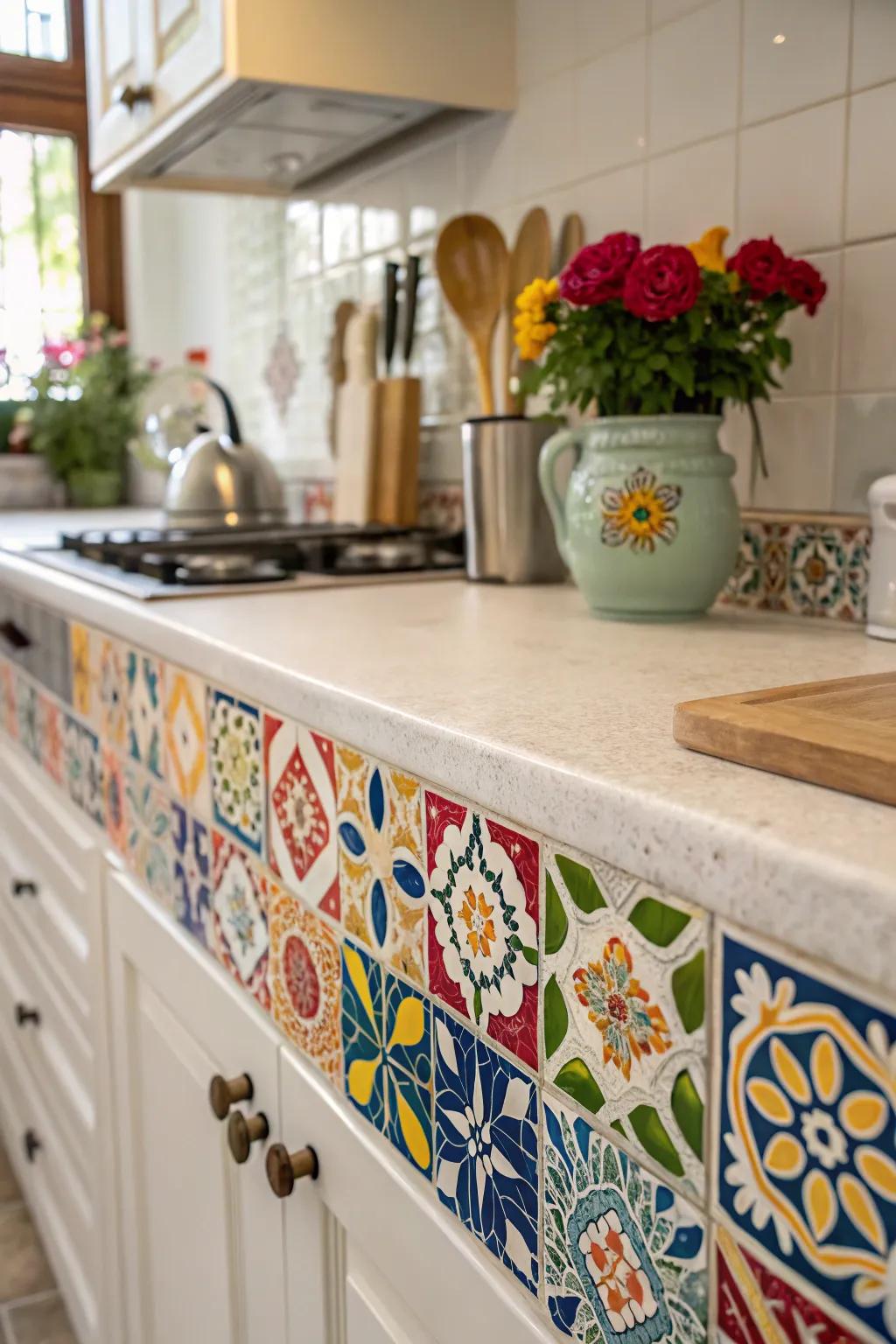 End caps with artistic tiles, bringing color and life to the kitchen.