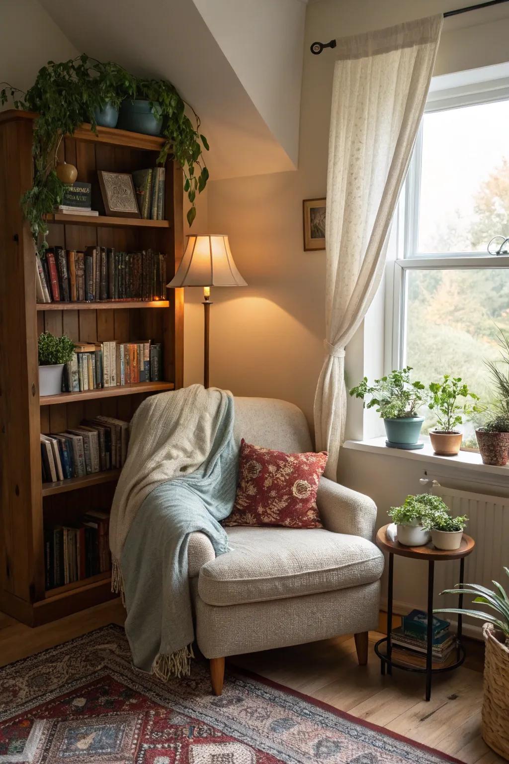 A reading alcove furnishes a comfortable escape within the bedroom.