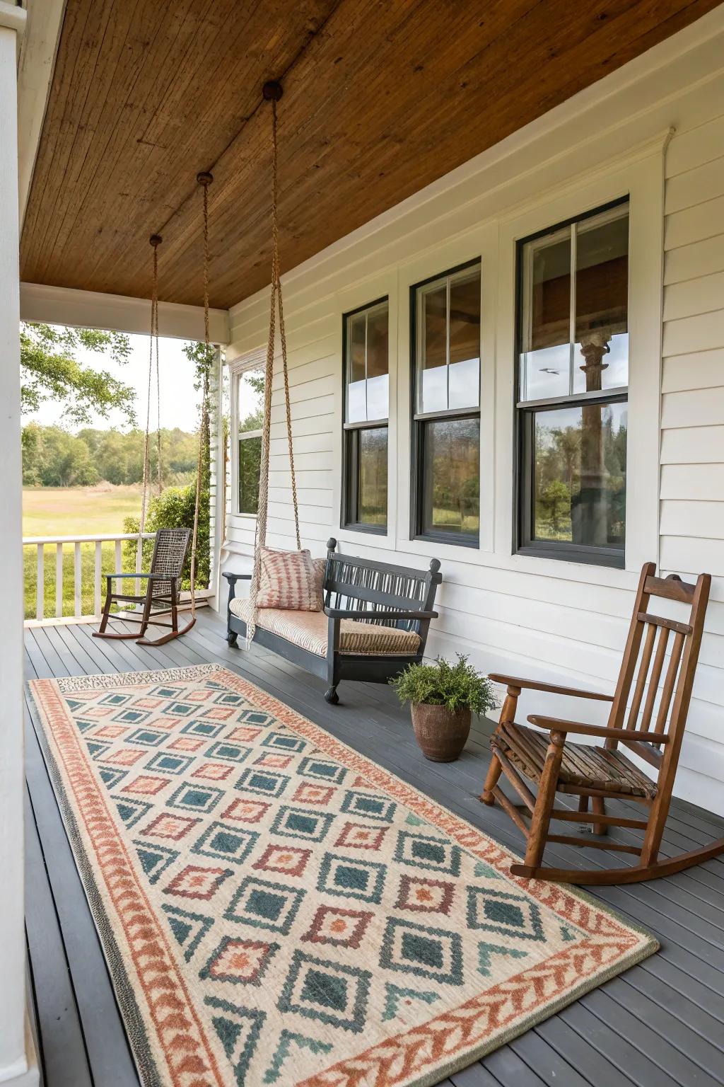 An outdoor floor covering adds texture and defines space on this farmhouse veranda.