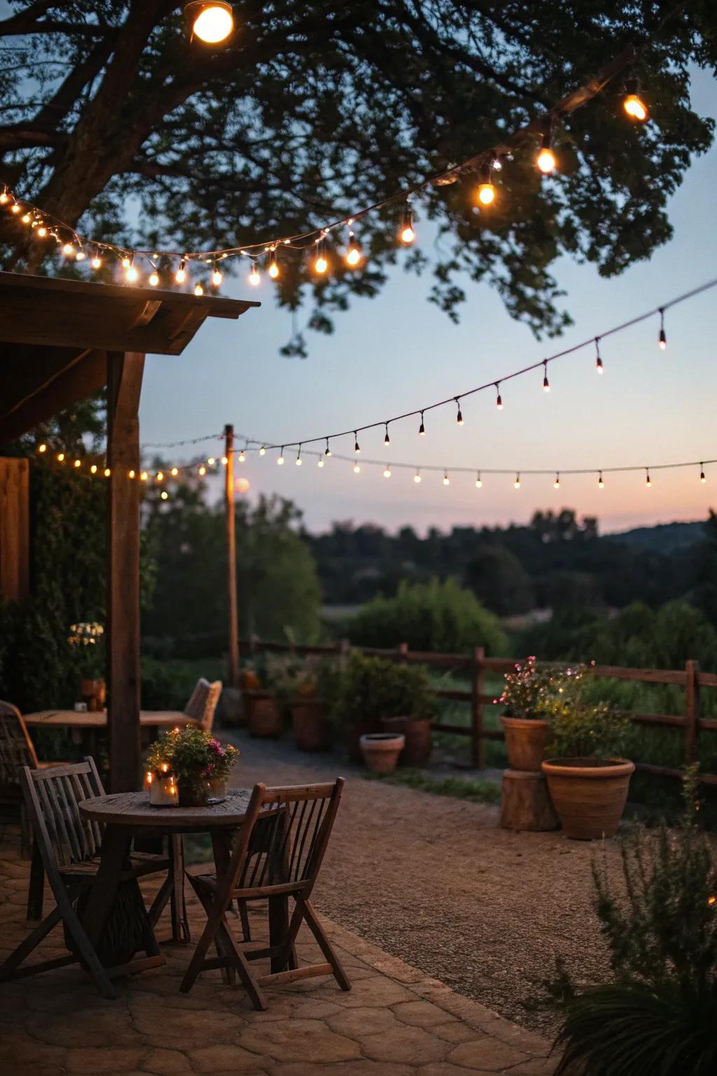 String lights add a magical glow to evening gatherings.