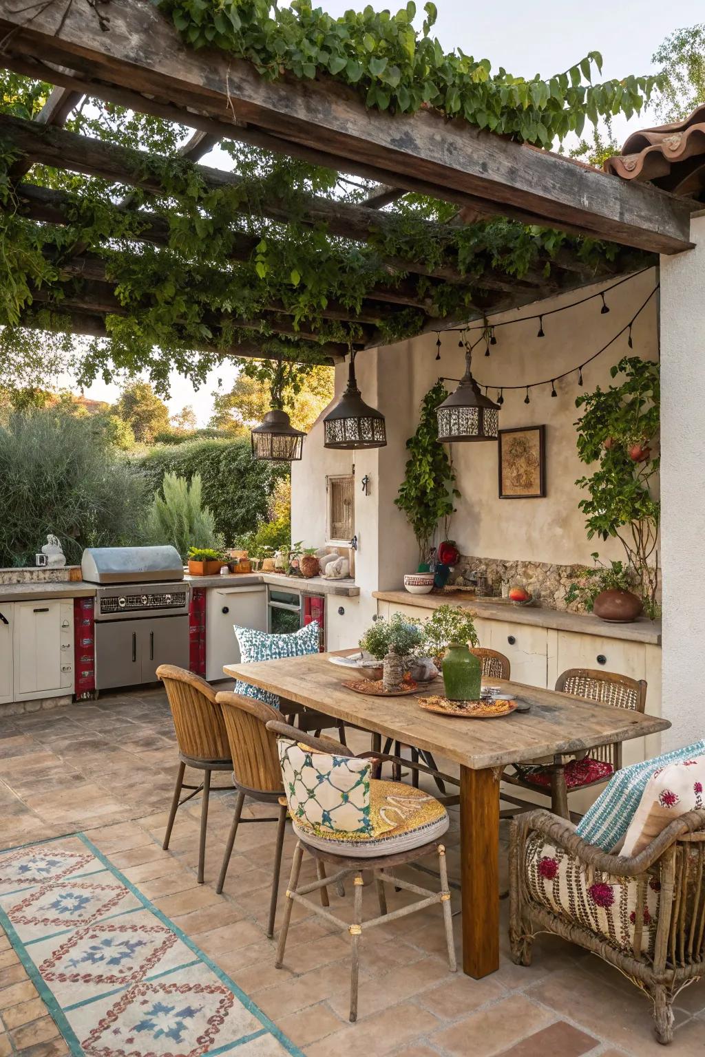 A retro-inspired outdoor cooking area with unique accents and charm.