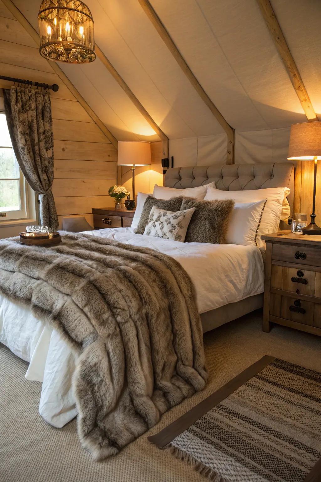 A sumptuous bedroom presenting plush faux fur throws and a warm, comforting atmosphere.