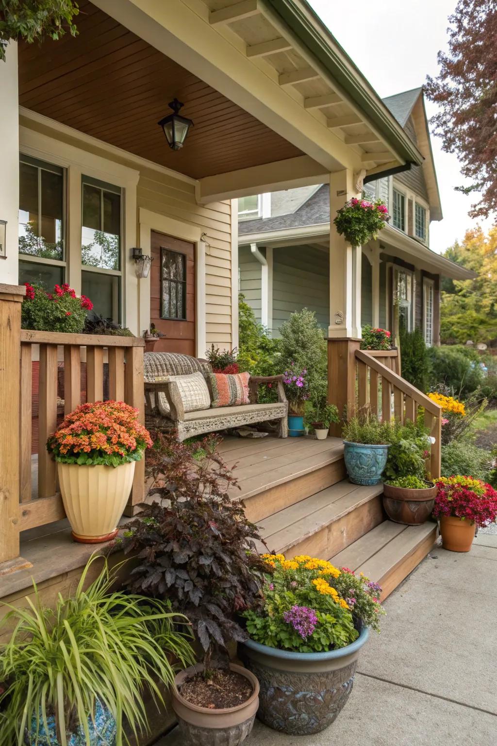 The porch is brought to life and color by seasonal plants.