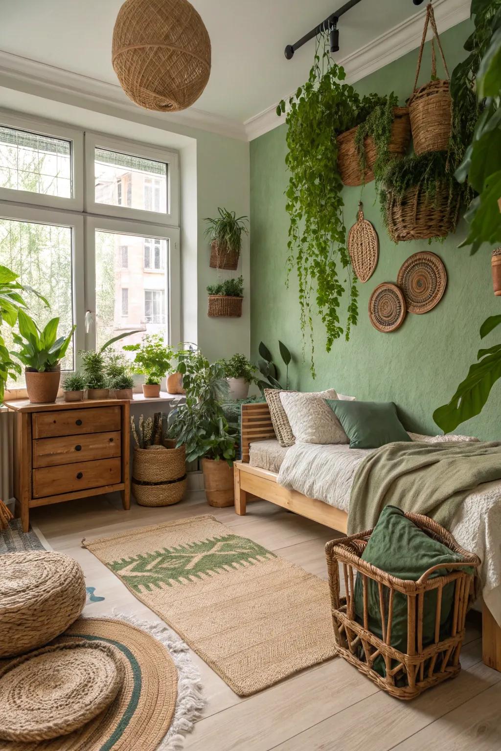 A nature-inspired bedroom with abundant greenery and earthy motifs.
