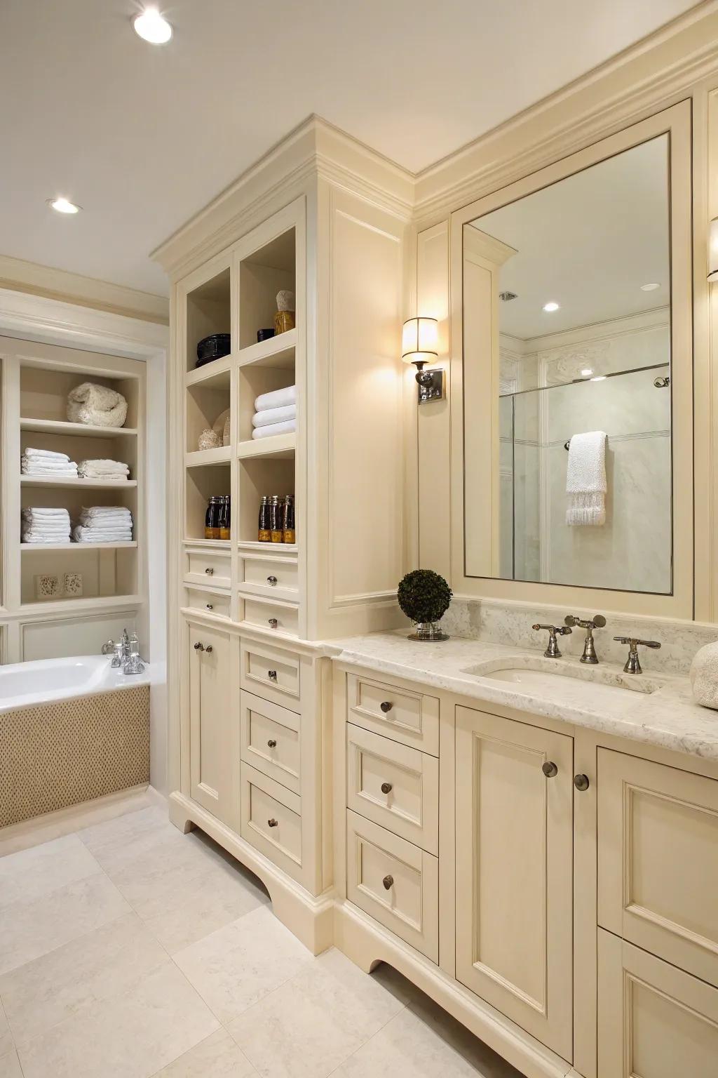 Substantial storage answers keep this cream bathroom organized and peaceful.