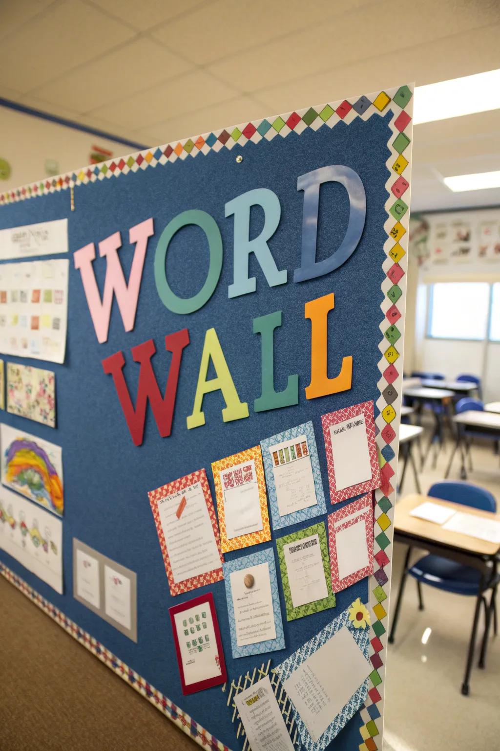 A typical word wall using pin-up board materials for decoration