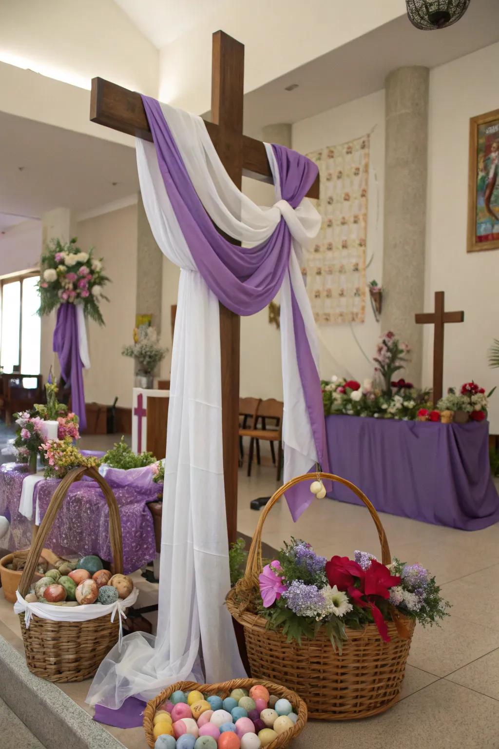 Cross with liturgical color-themed fabrics