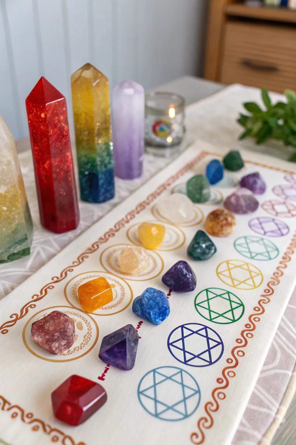 Chakra-inspired arrangements result in a vibrant altar.