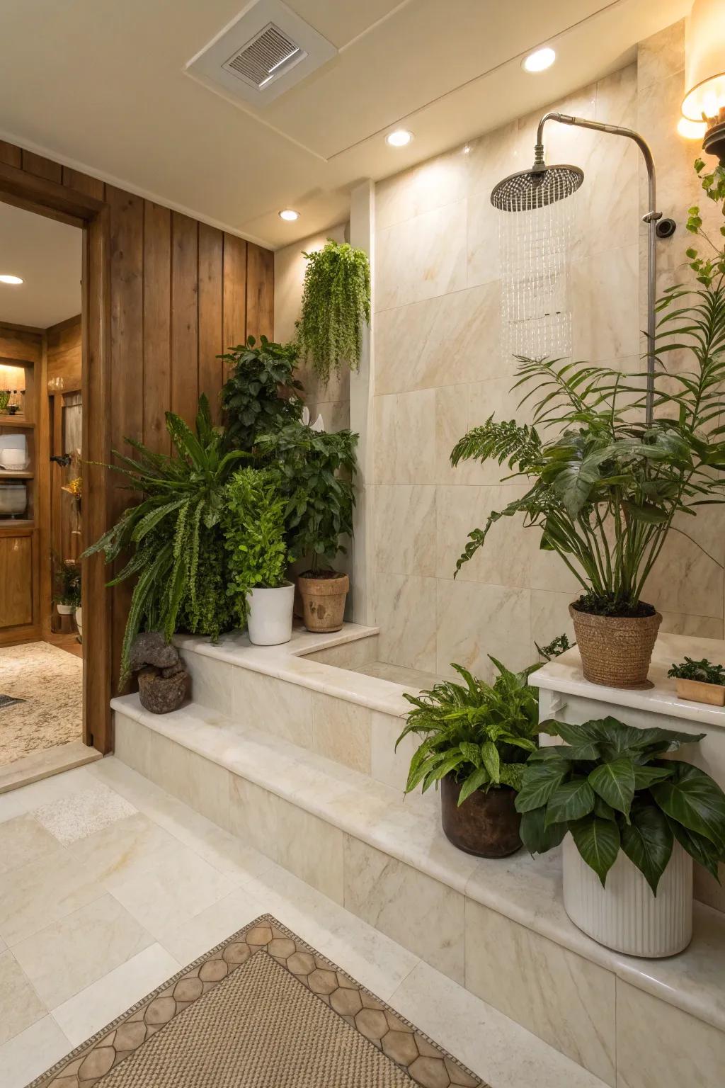 Organic decor enhances the sophistication of manufactured stone showers.