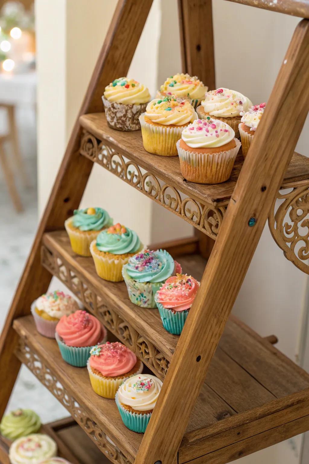A ladder is used imaginatively to create a striking cupcake display.