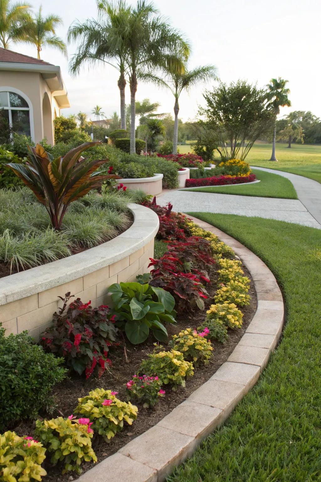Curved planting beds create a natural and flowing garden design.