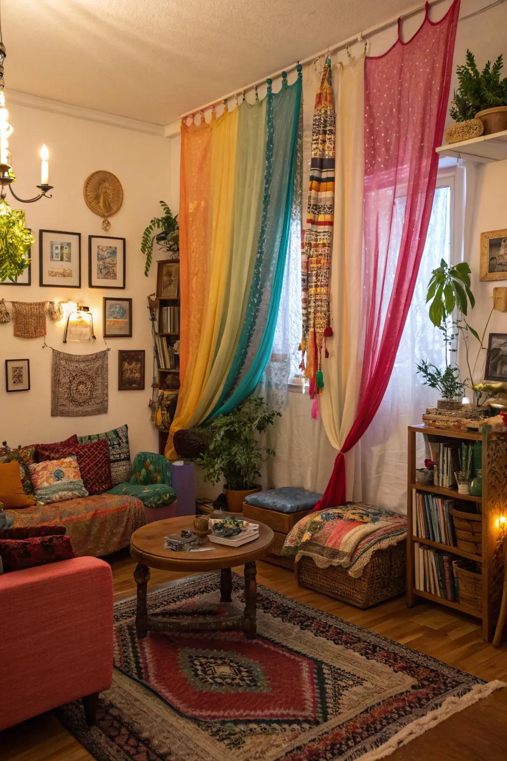 Bohemian scarf drapes contribute a burst of color and ingenuity to your area.