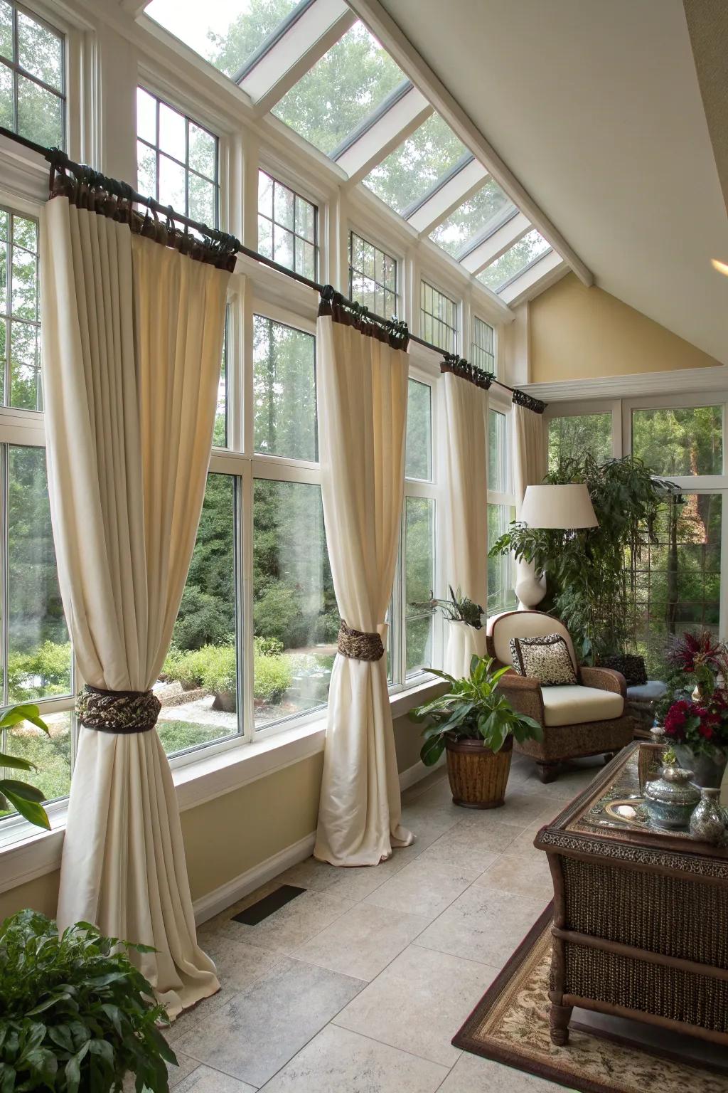 Tiebacks are a charming way to add flair to your sunroom curtains.