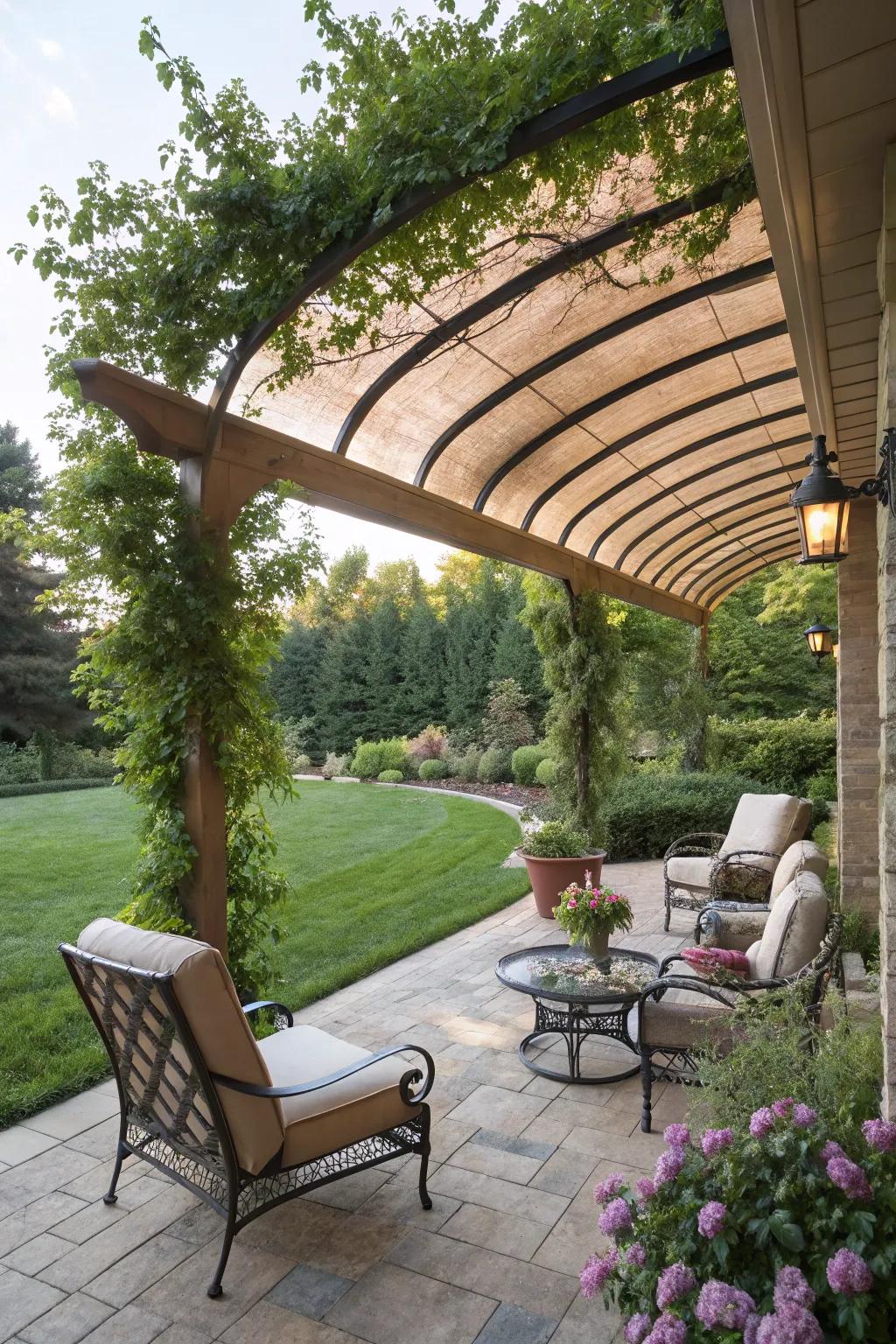 A fashionable curved frame offering shade and beauty to the patio.