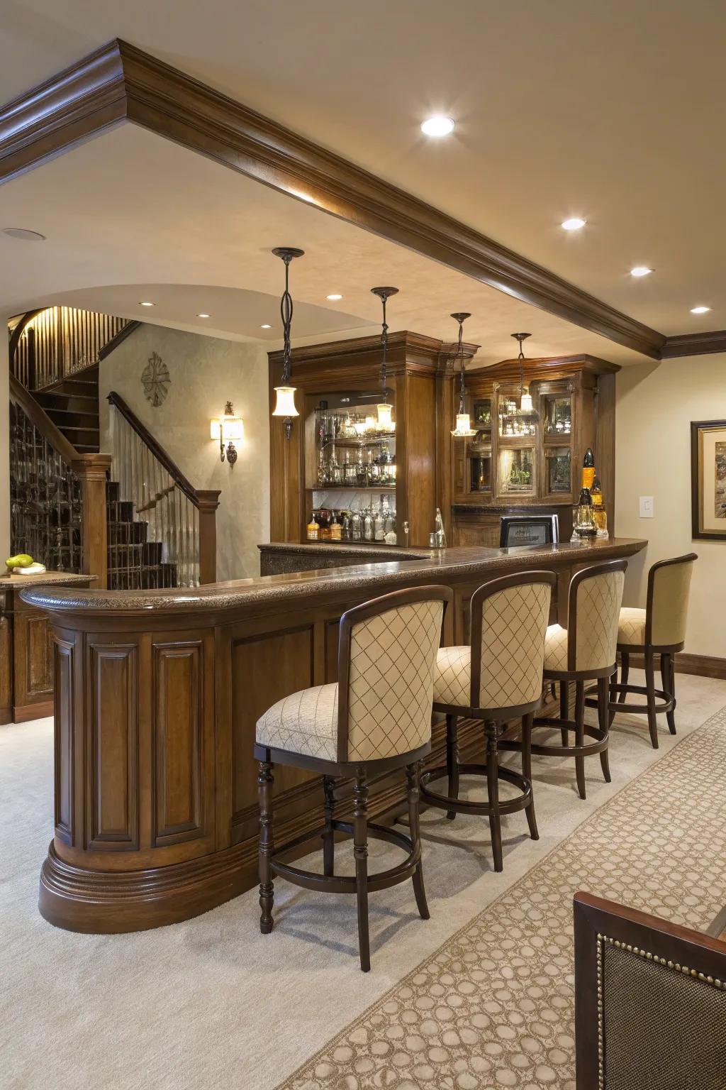 Comfortable seating with stylish bar stools at a home bar.
