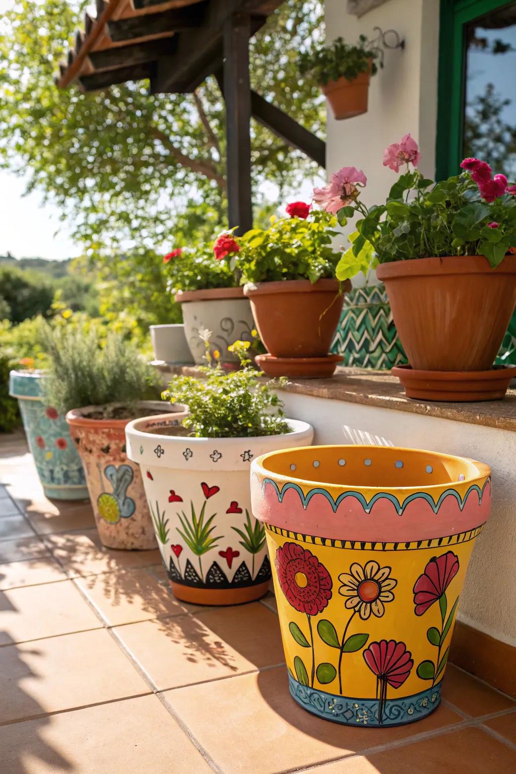 Artisanal painted flowerpots infuse vibrant charm into any garden.