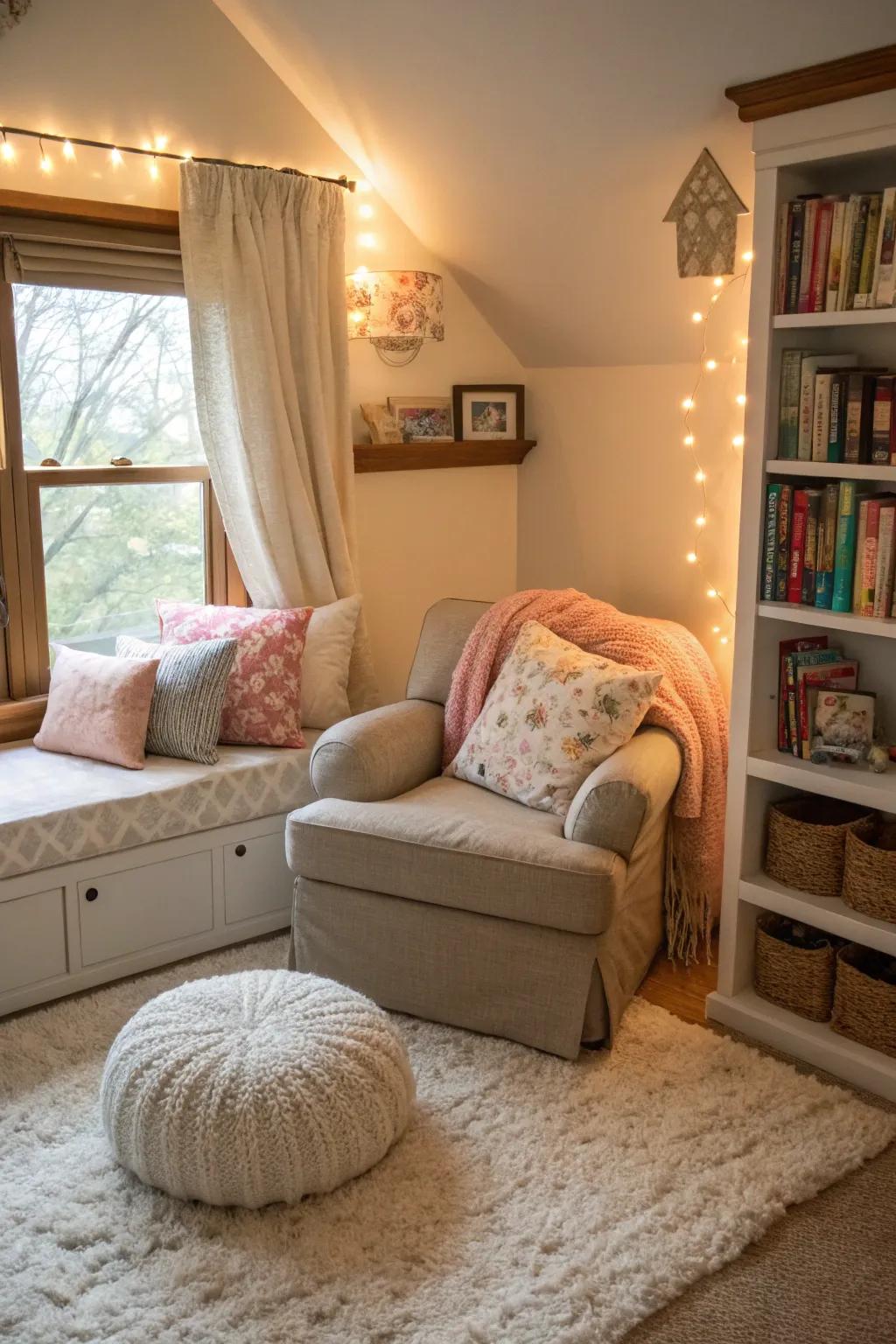 An inviting alcove for perusing and relaxation in a shared space.