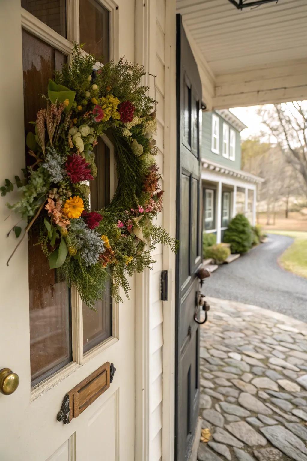 A seasonal wreath door hanger that adapts with the seasons.