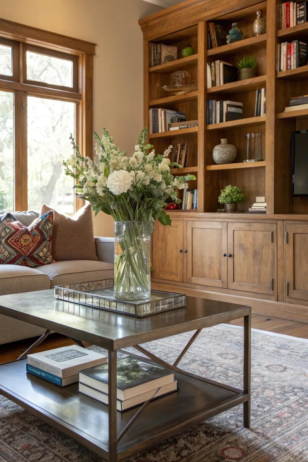 The dynamic and engaging living room with blended materials.
