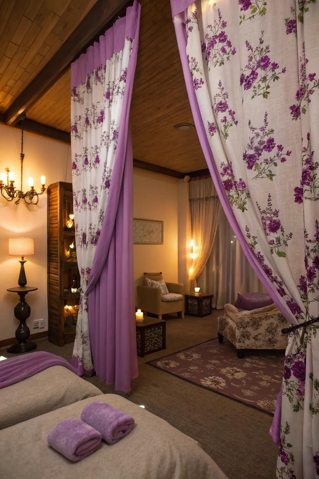 Amethyst floral window coverings adding natural elegance.