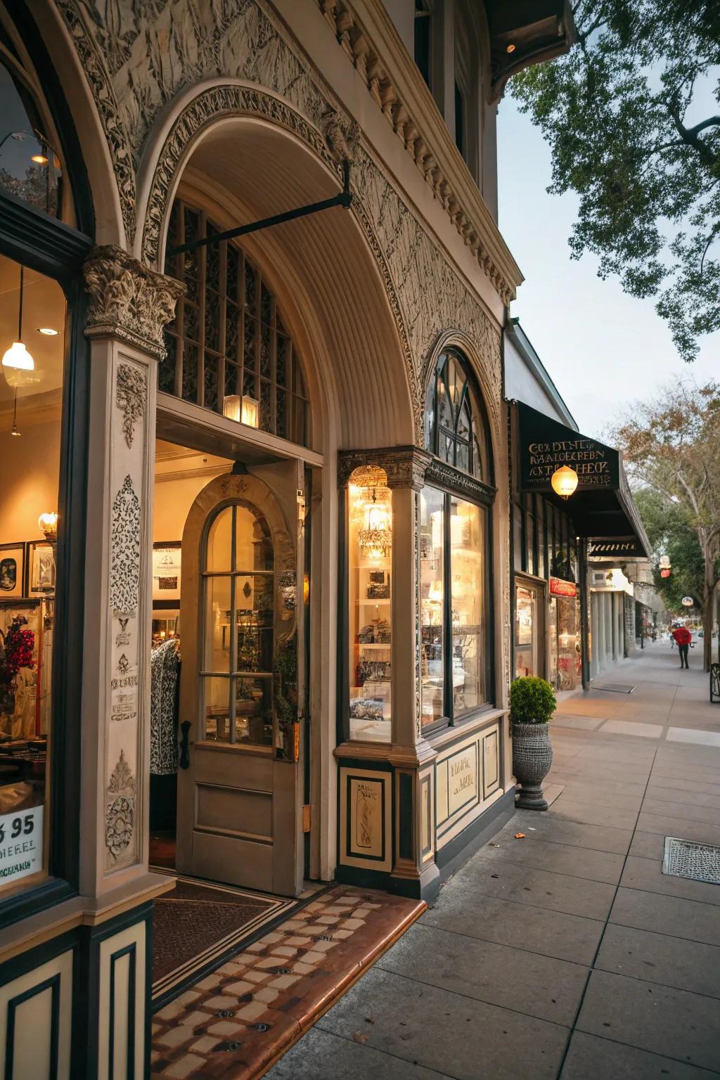 A shopfront with unique structural details that add charm and character.