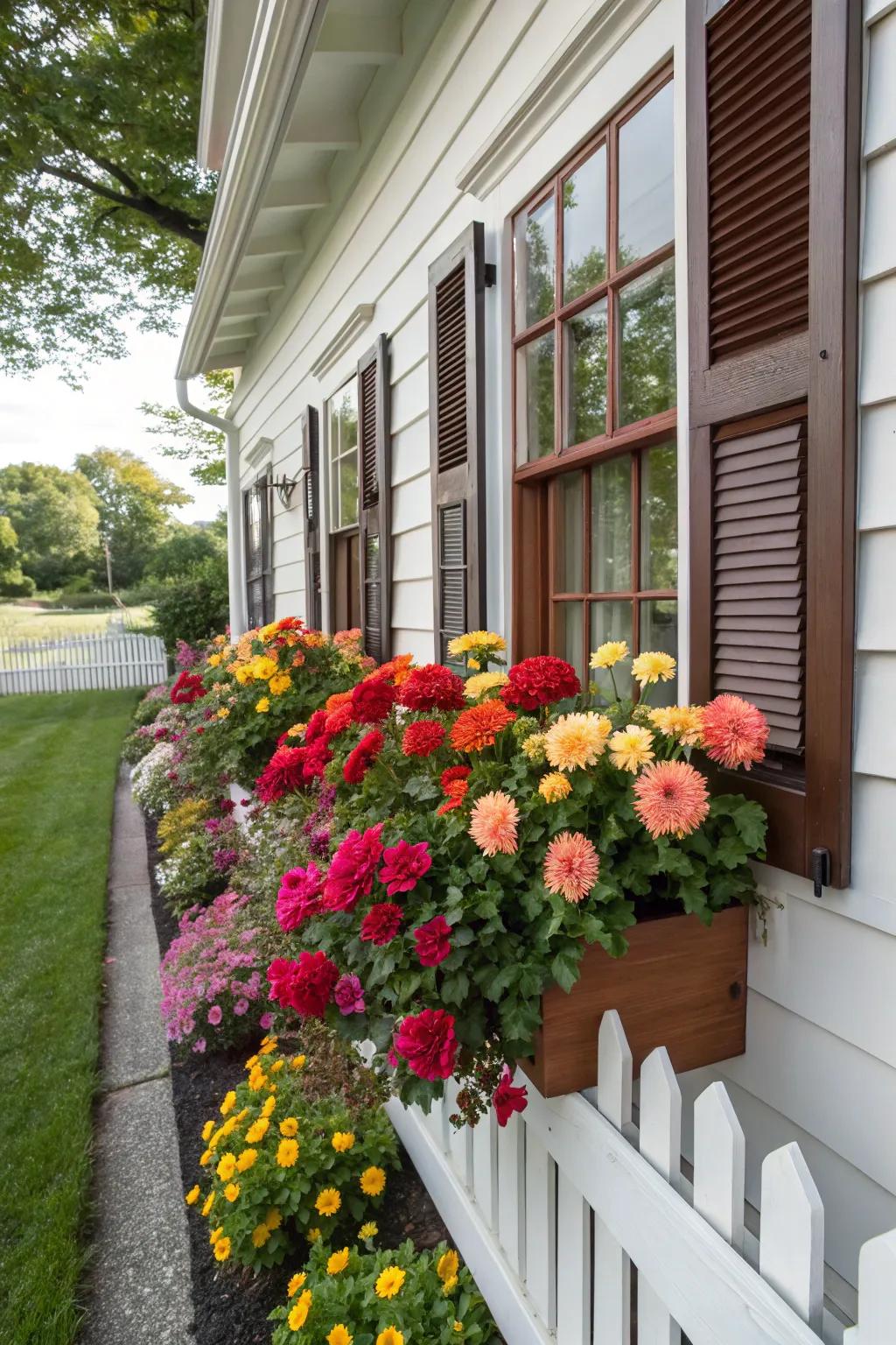 Window boxes overflowing with sunburst blossom blooms.