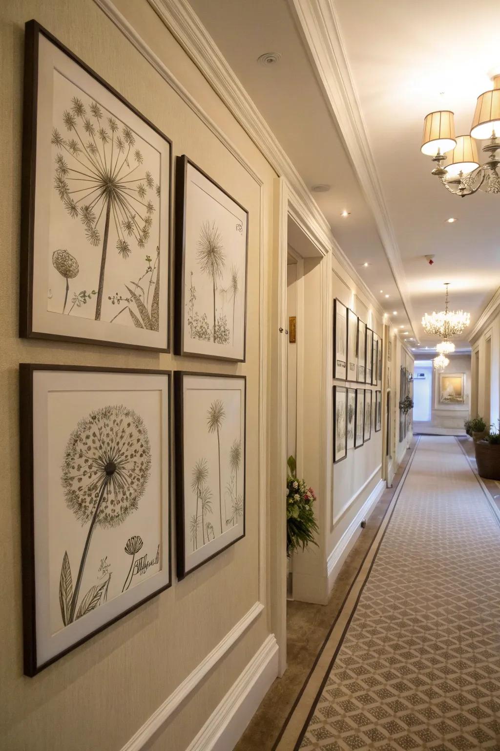 Framed drawings provide understated sophistication.