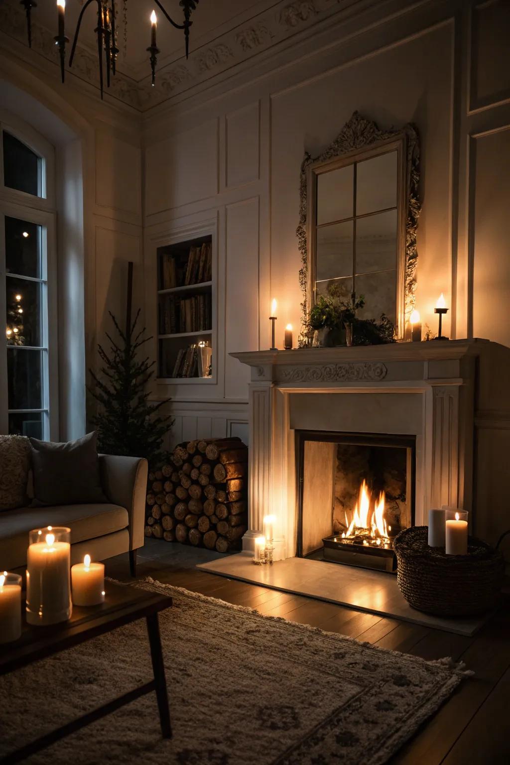 A fireplace turns the room into a cozy refuge.