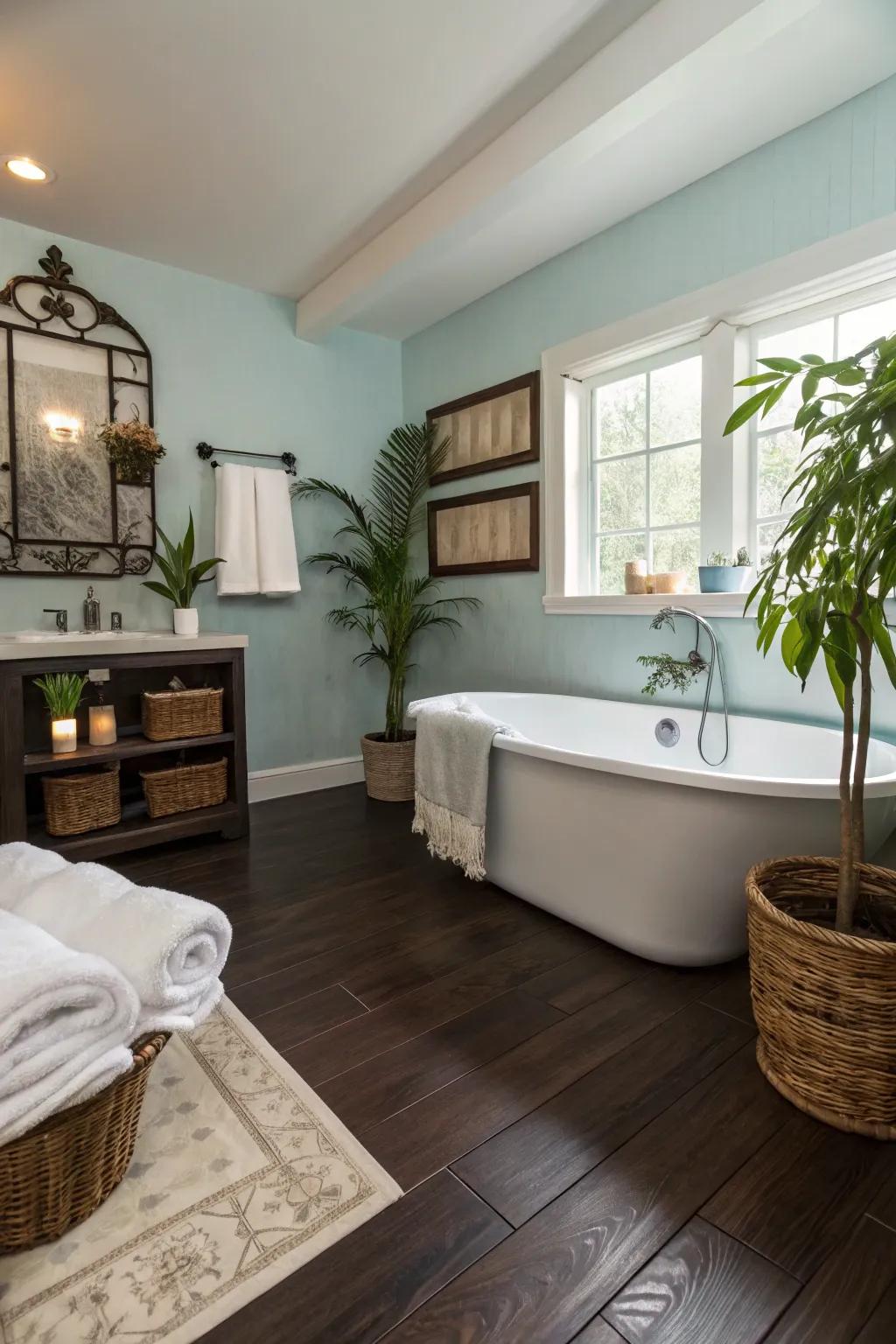 Light blue walls bring about a sensation of calm and freshness.