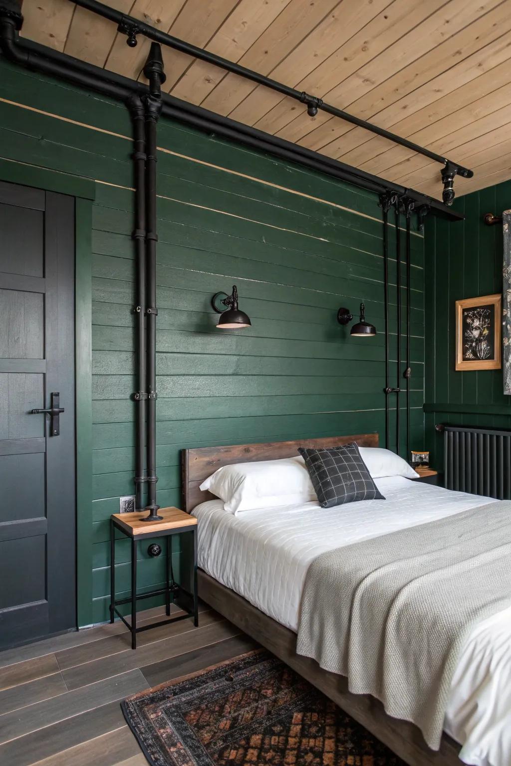 Deep green plank walls amplify texture and coziness.