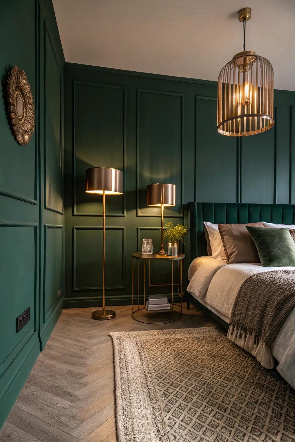 A shadowy jade bedroom adorned with metallic lamps and neutral rugs.