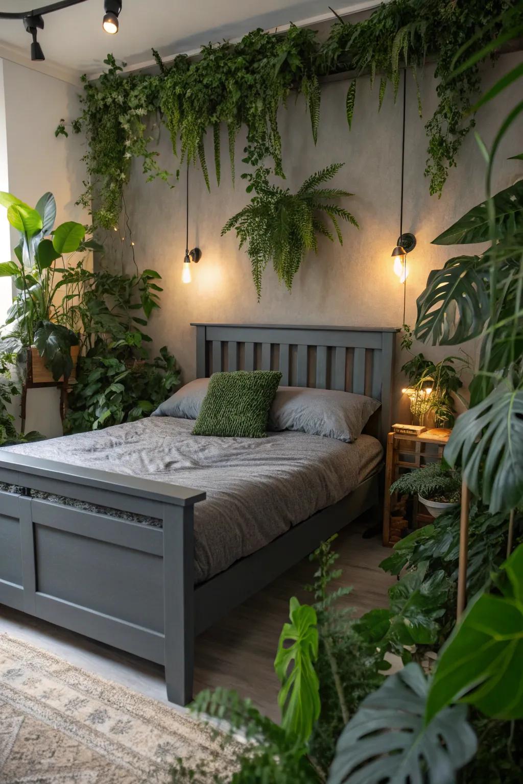 Greenery brings life and comparison to a boudoir displaying a deep charcoal bedstead.