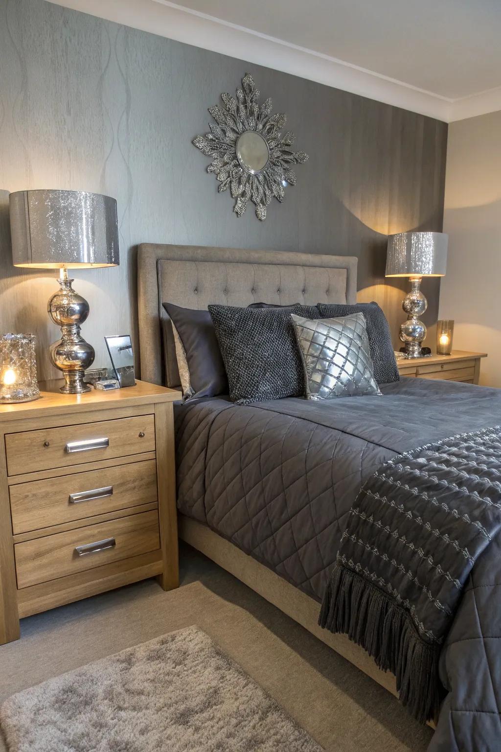Metallic accents add glamour and sophistication to dark grey bedding.