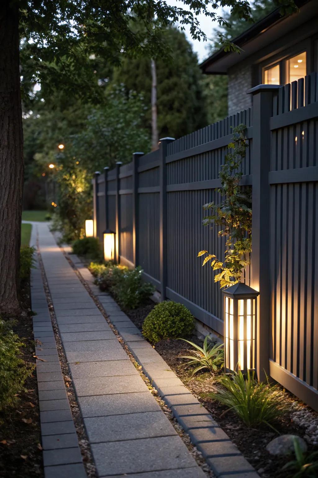 Outdoor lighting on a deep charcoal fence creates enchanting light and shadow effects.