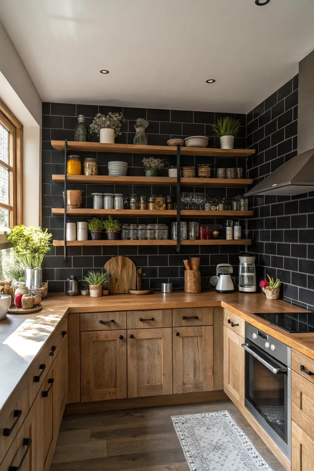 A dark backsplash kitchen design with open wooden shelves for showcasing decorative items.