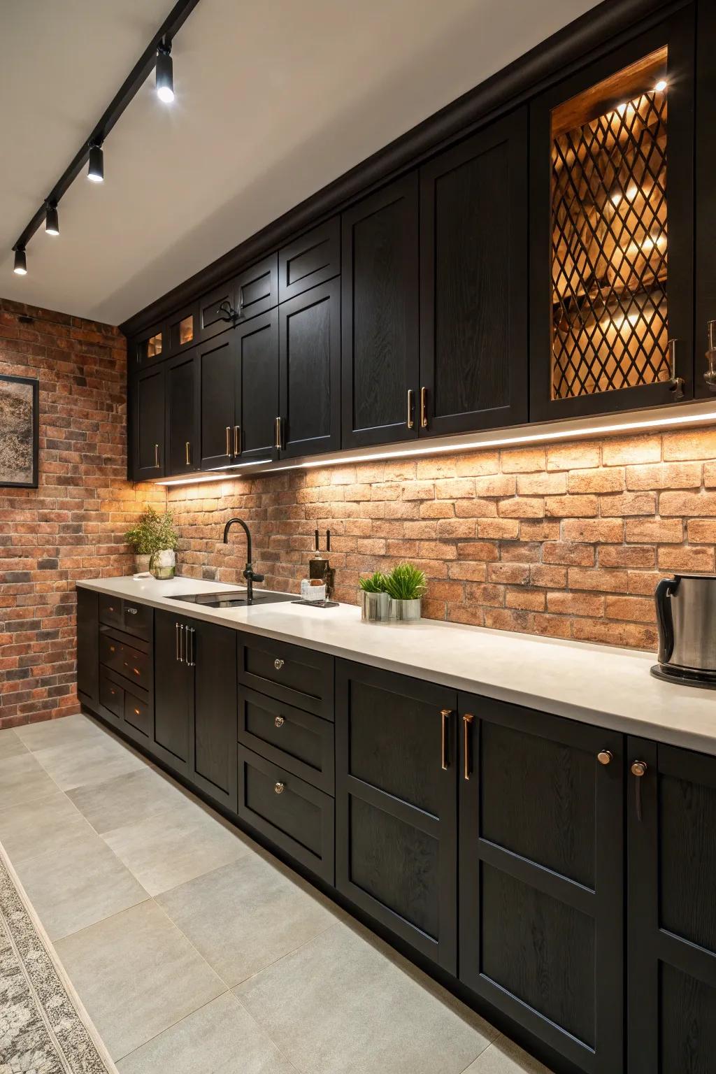 A textured brick panel contributes depth and visual fascination to the cooking area.
