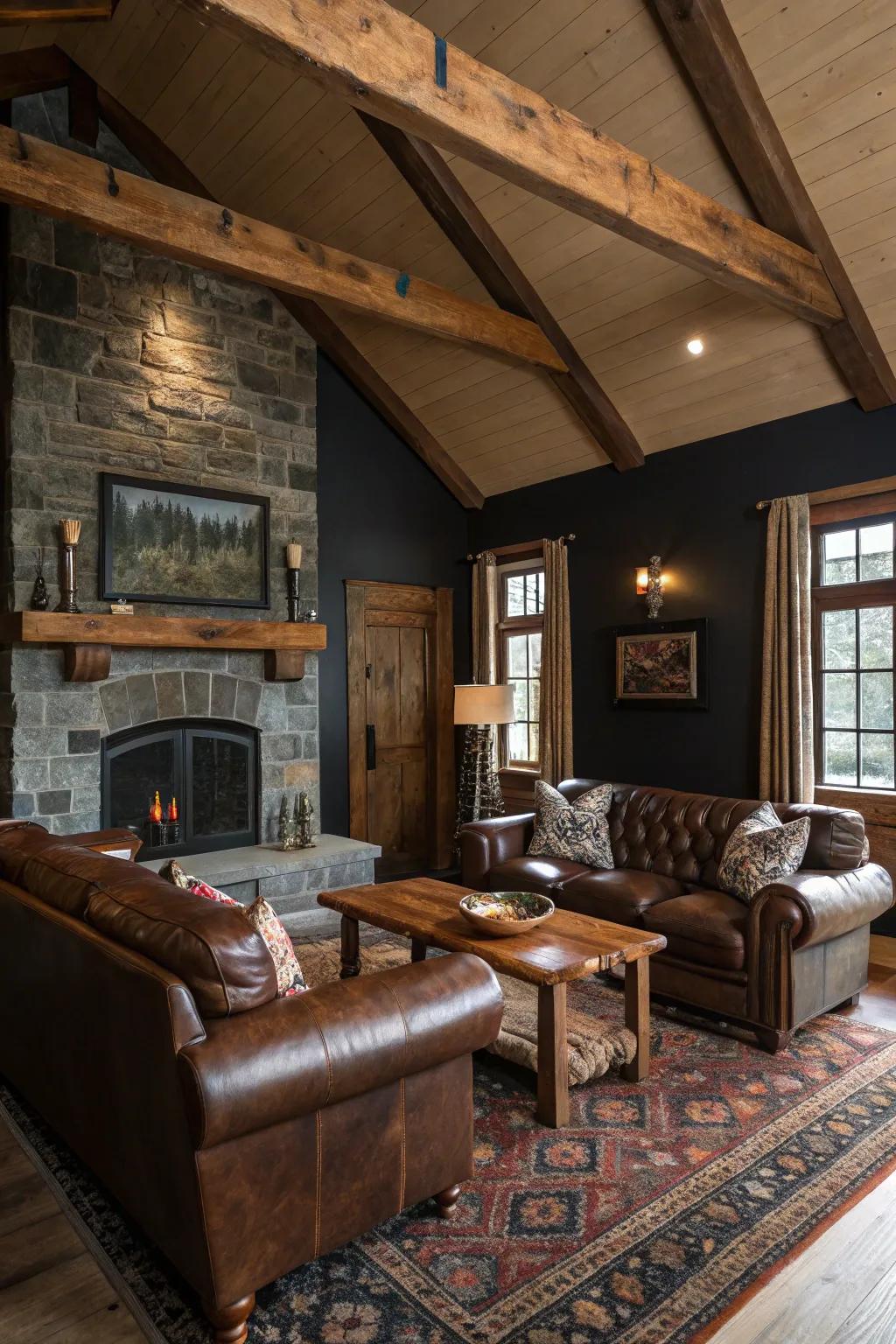 A warm, rustic living room with a cabin-like feel.