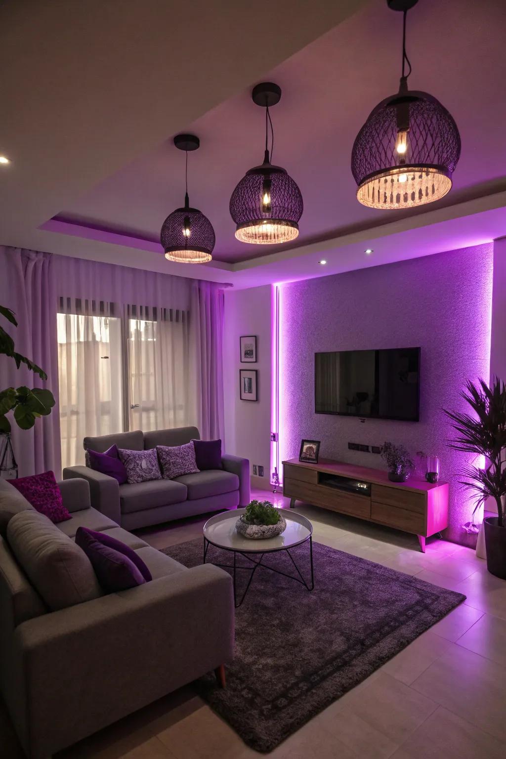 Violet lighting gives a mesmerizing glow to this snug living room.
