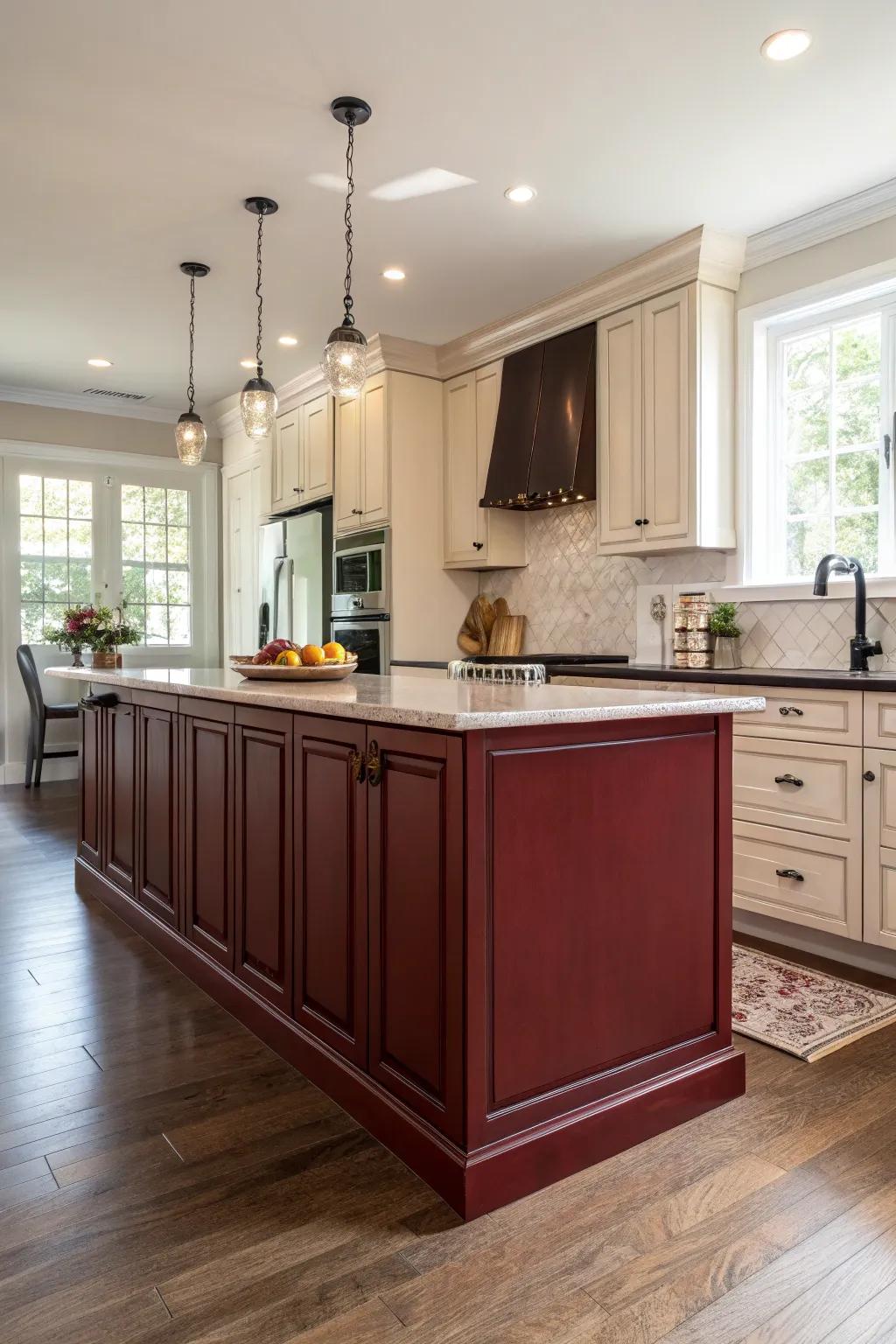 Striking kitchen island in scarlet-toned furnishings.