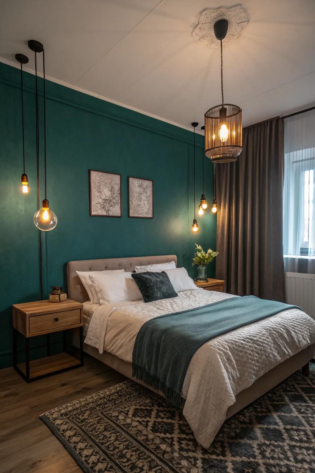 Layered illumination enhances the mood of a teal space.