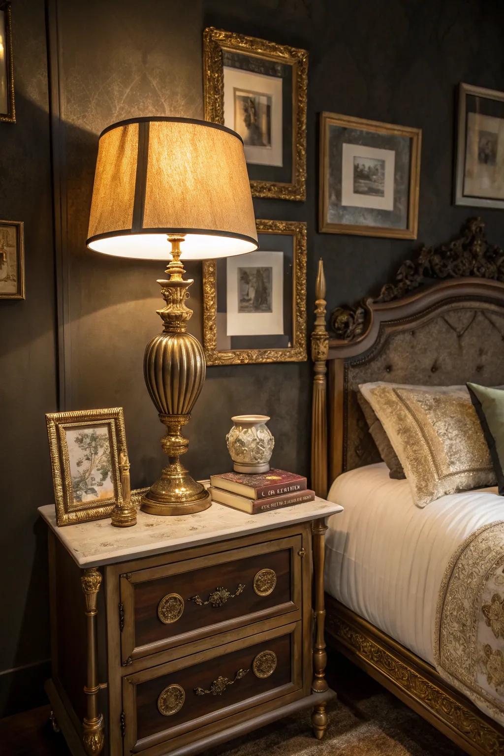 Gold accents contribute warmth and sophistication to a shadowy vintage bedroom.