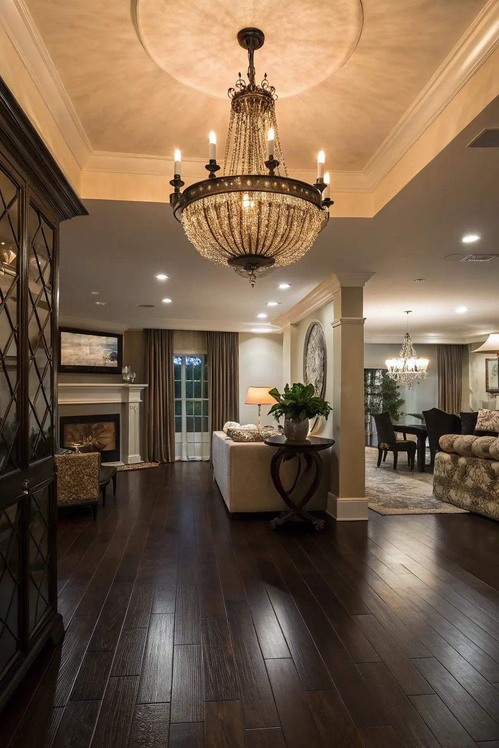 A noticeable chandelier introduces character to this space featuring wooden floors.